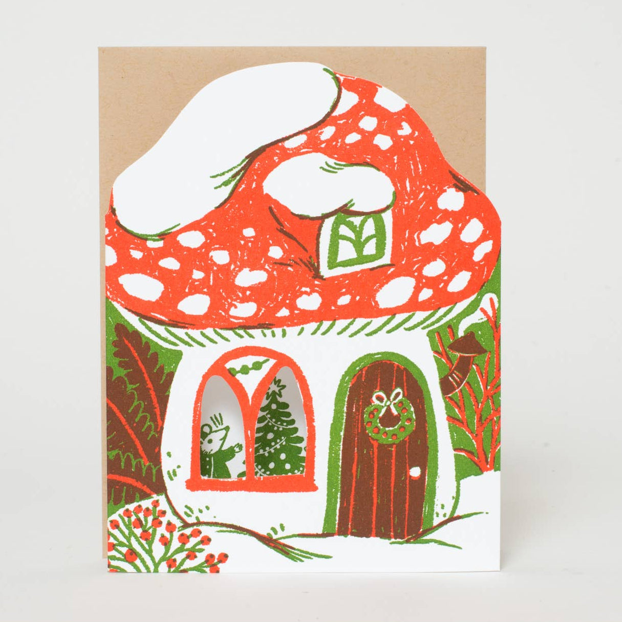 Merry Mushroom House Letterpress Holiday Greeting Card By Phoebe Wahl