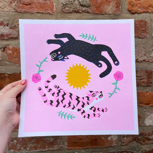 Leaping Cats - Square Risograph Print