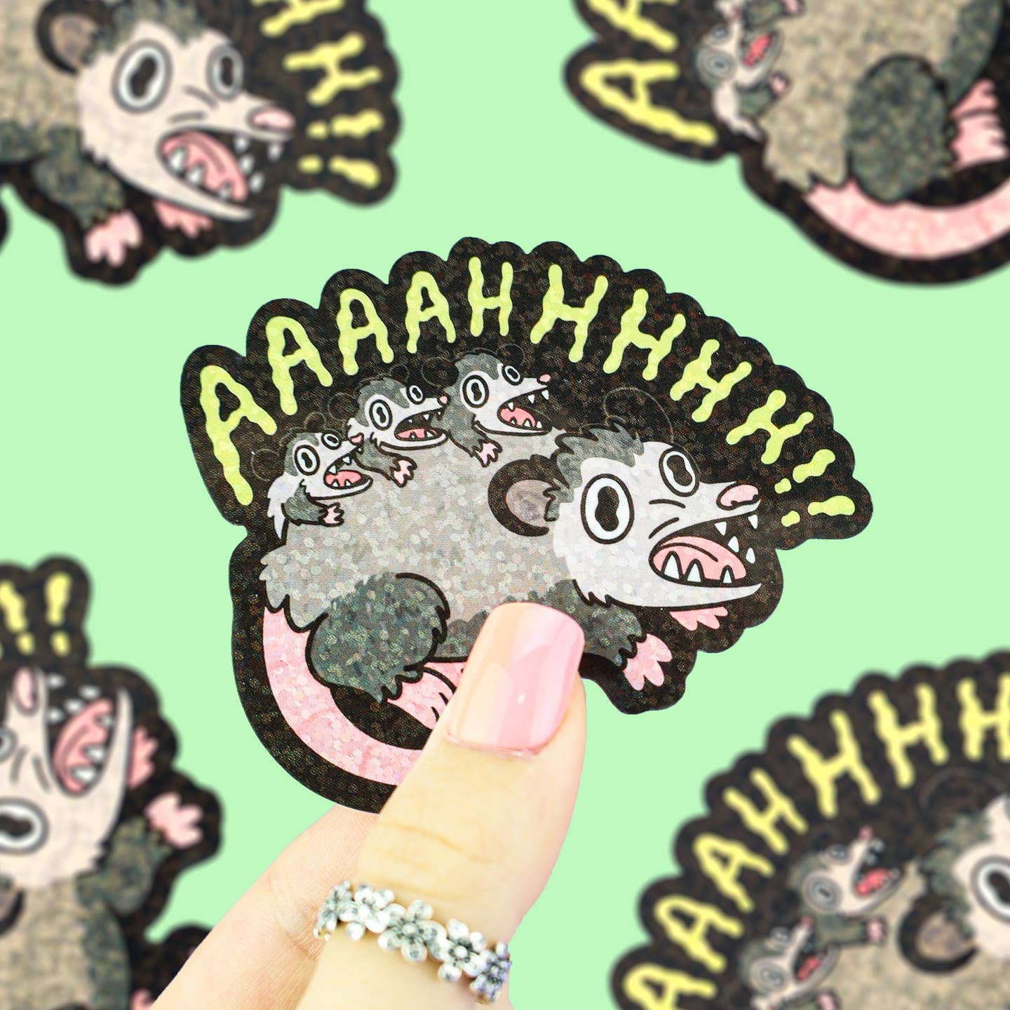 Screaming Opossum Glitter Vinyl Sticker