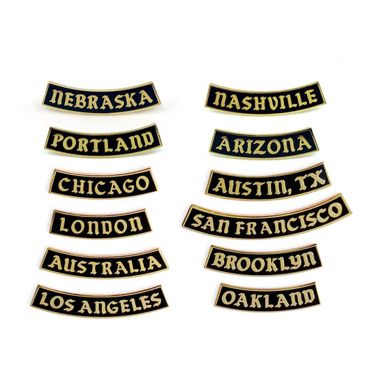 City / State / Country Bottom Rocker Pins - World Famous Original